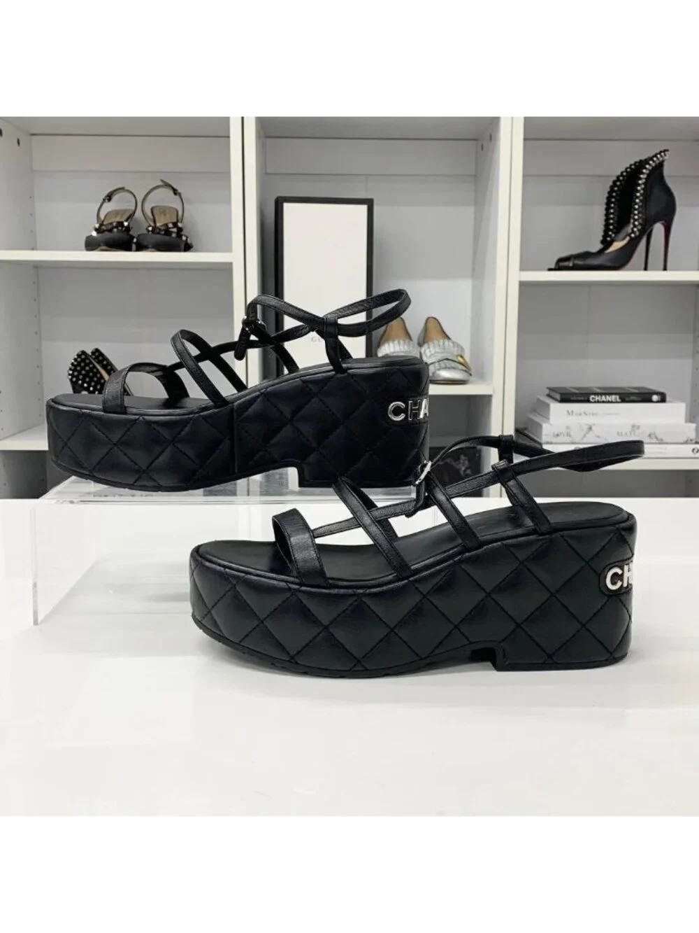 Chanel Quilted CC Logo Leather Strap Platform Sandals Black
